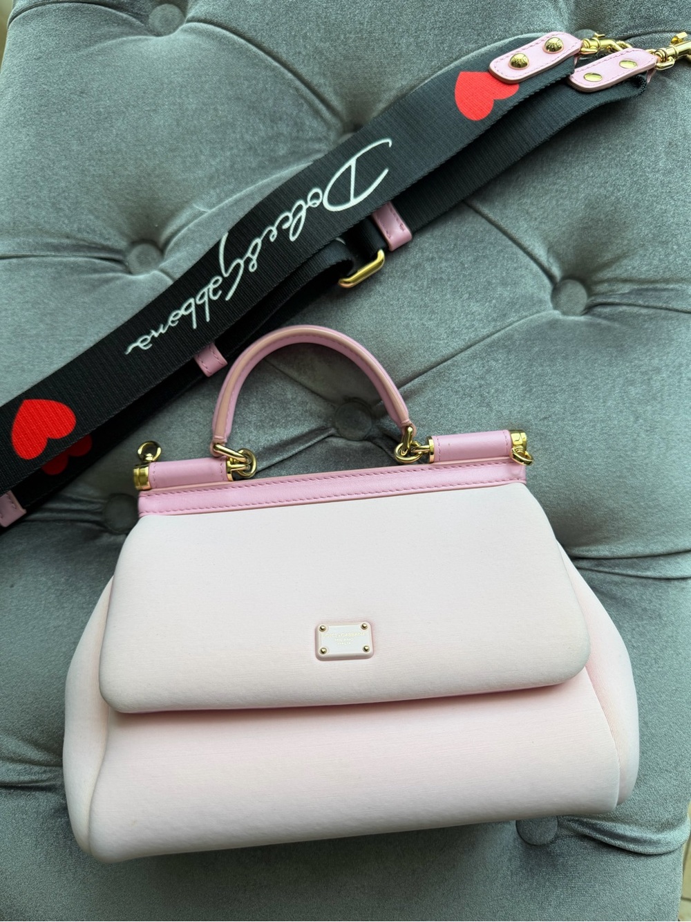 Dolce & Gabbana Light Pink Top-Handle Satchel with Black Heart-Print Strap